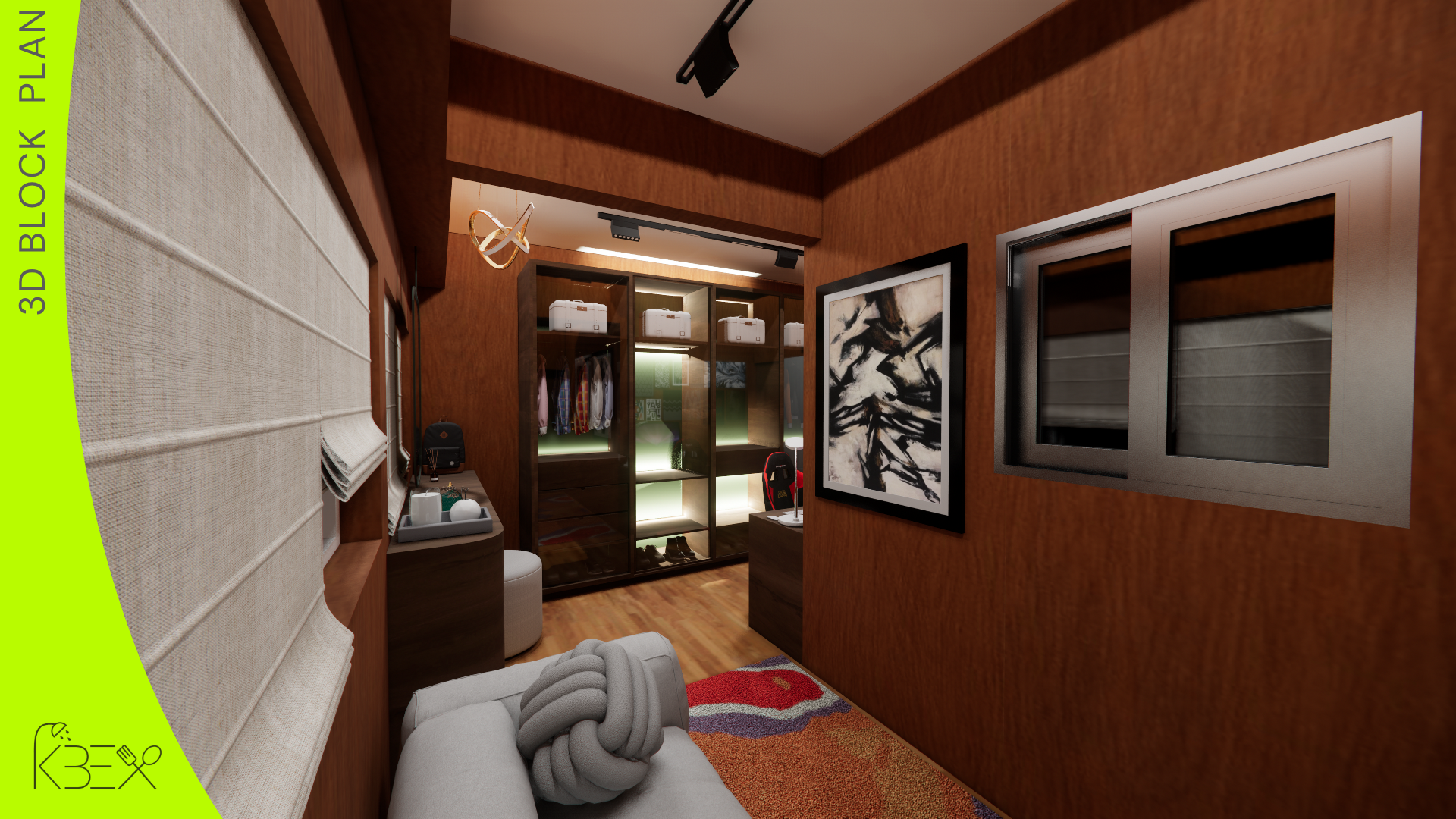 Room view with wardrobe and abstract art
