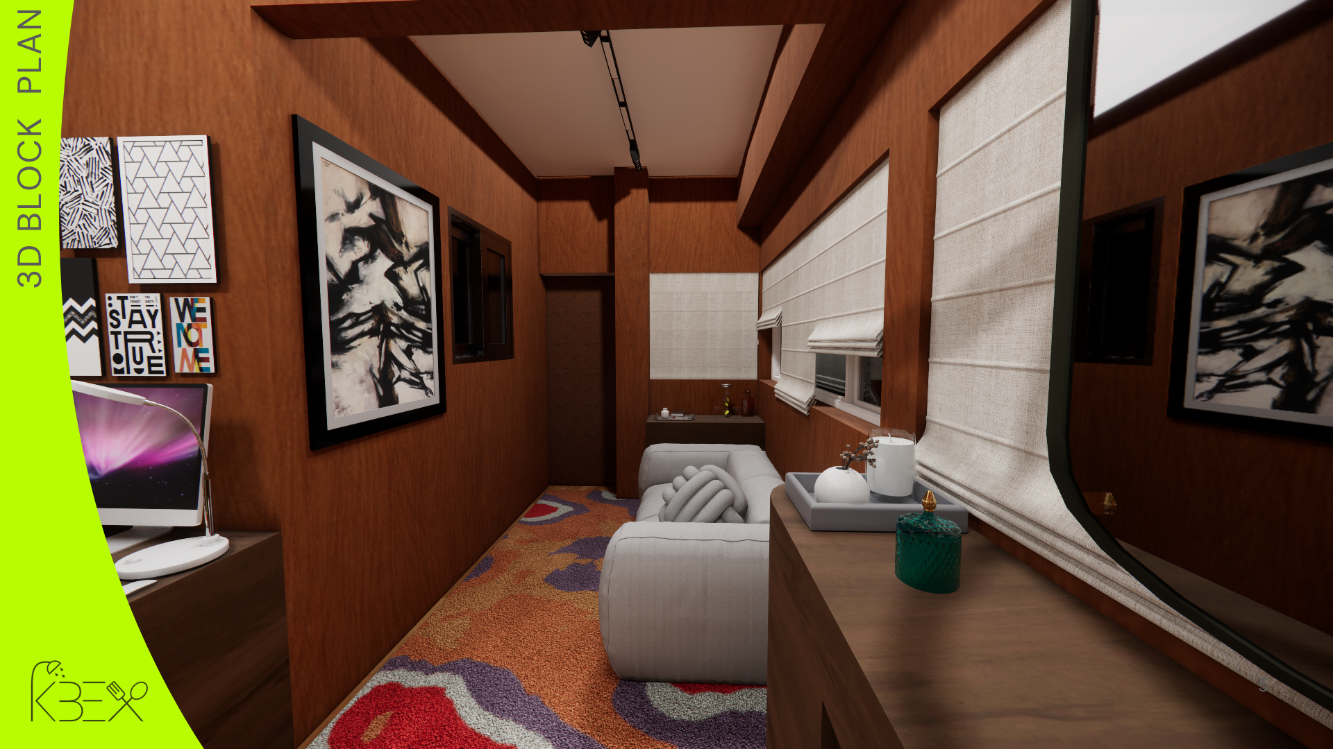 Living area with sofa and accent rug