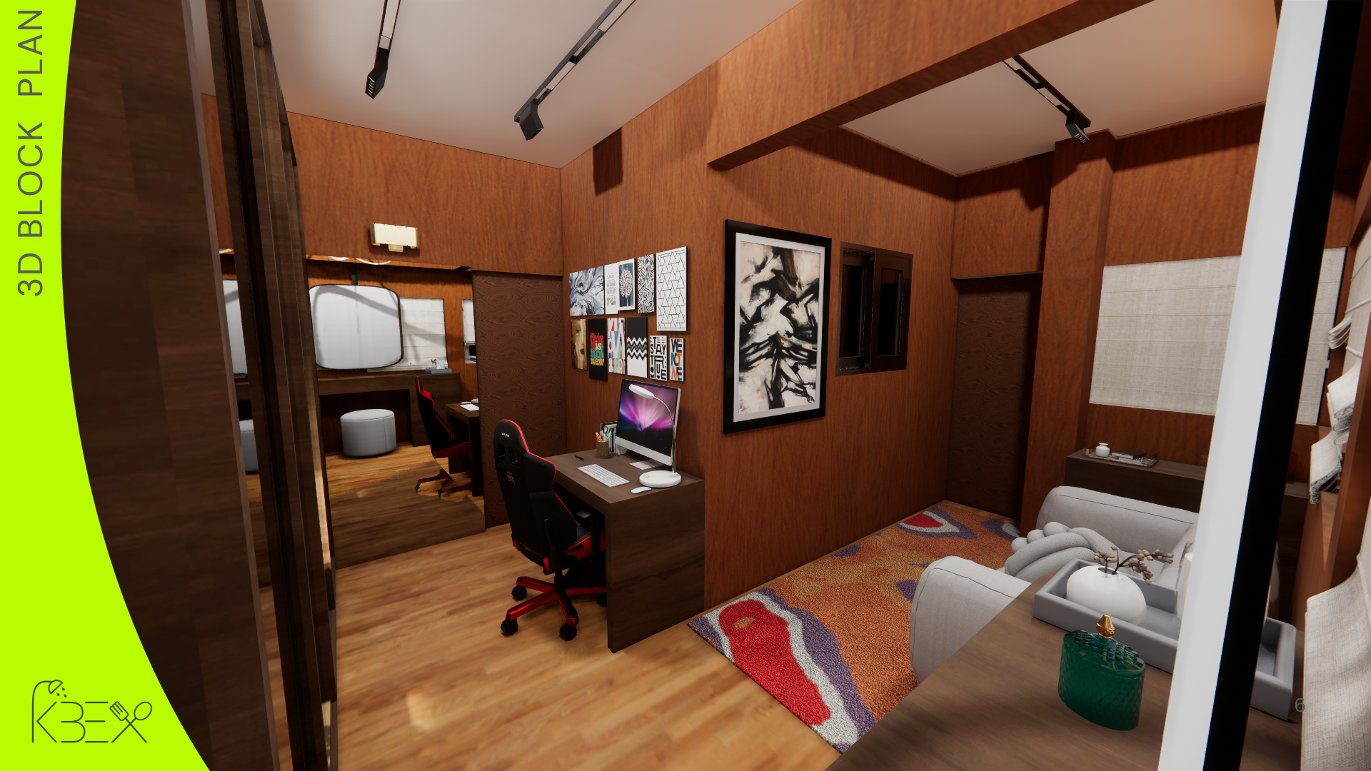 Studio workspace with art wall