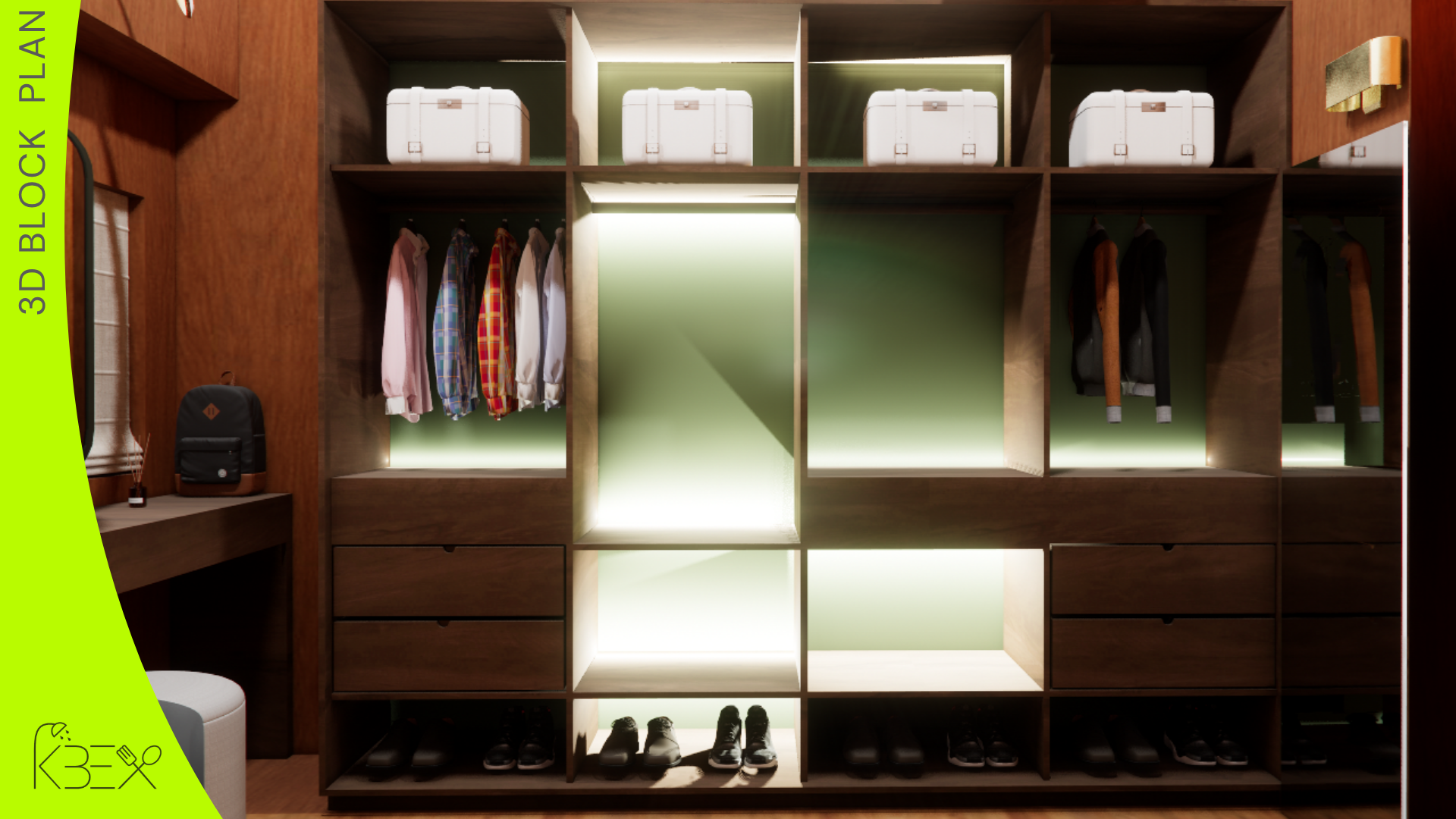 Walk-in wardrobe with green-lit open shelving