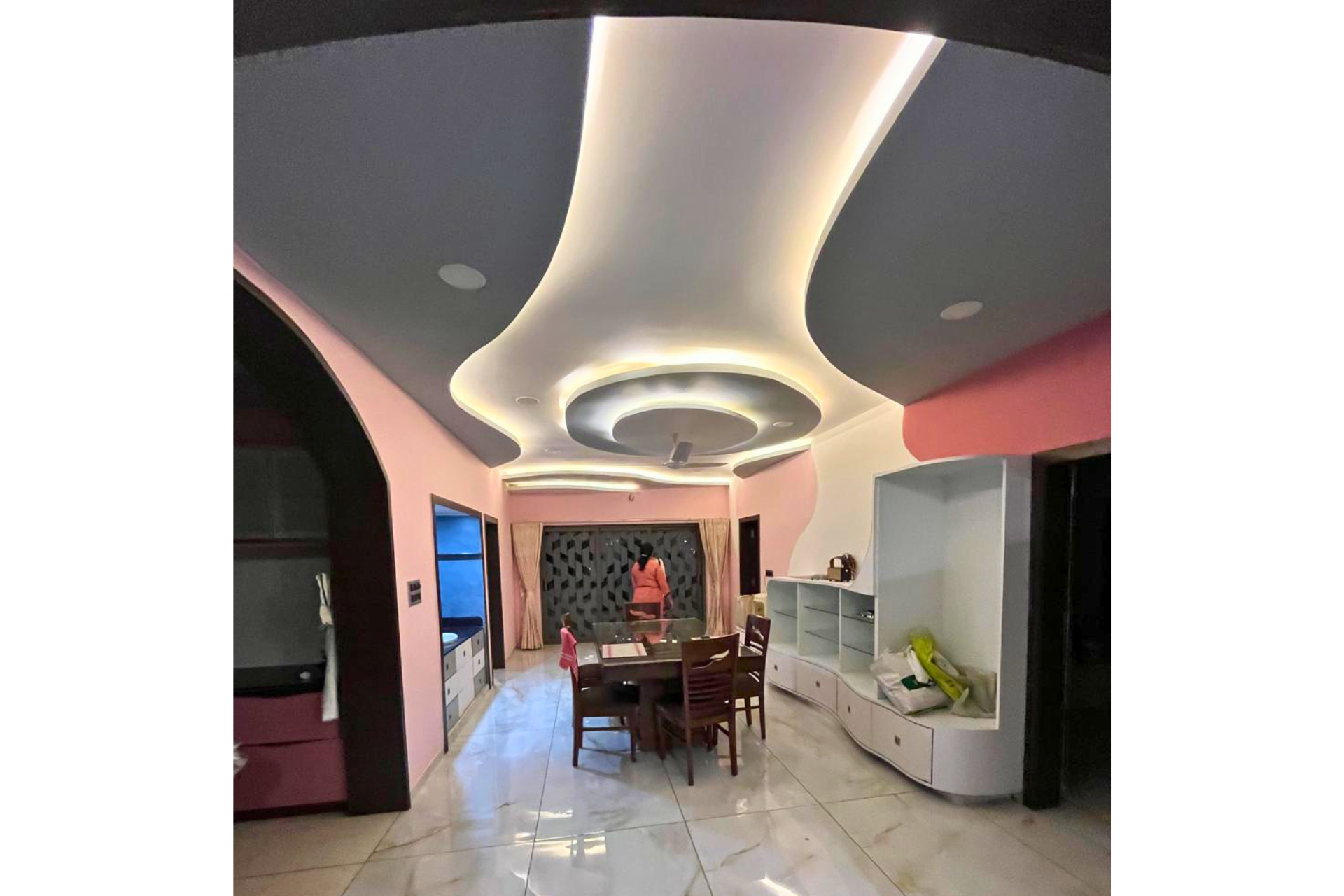 Fluid ceiling corridor passage interior design Ahmedabad residence