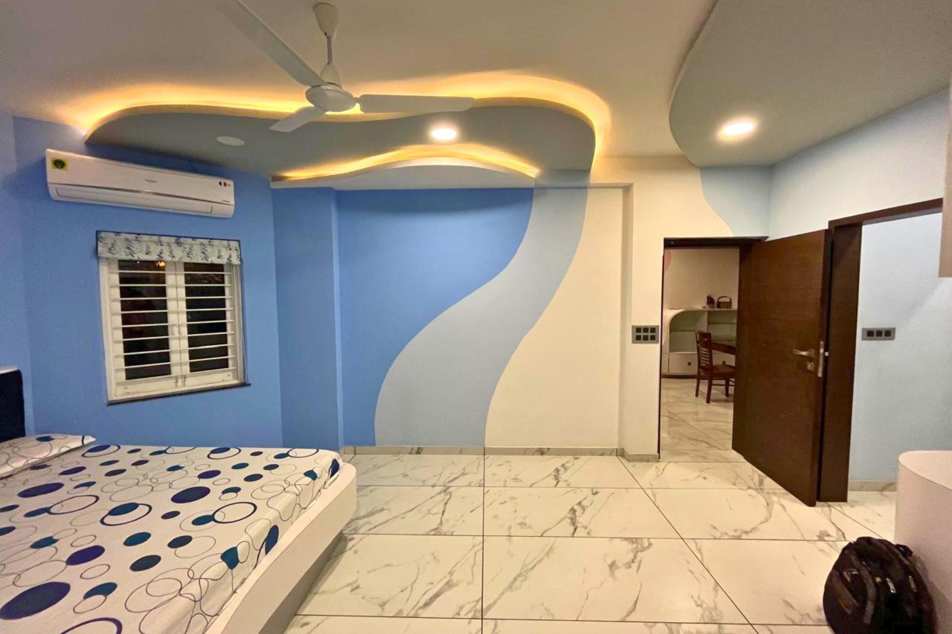 Minimal blue bedroom interior design 4BHK Ahmedabad KBEX