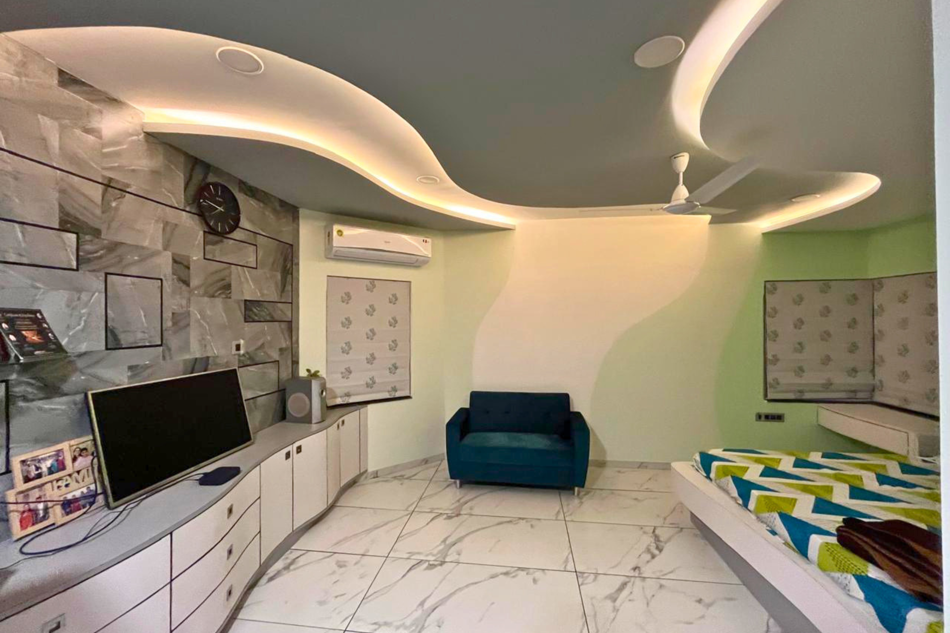 Wave ceiling bedroom design 4BHK luxury interior Ahmedabad KBEX