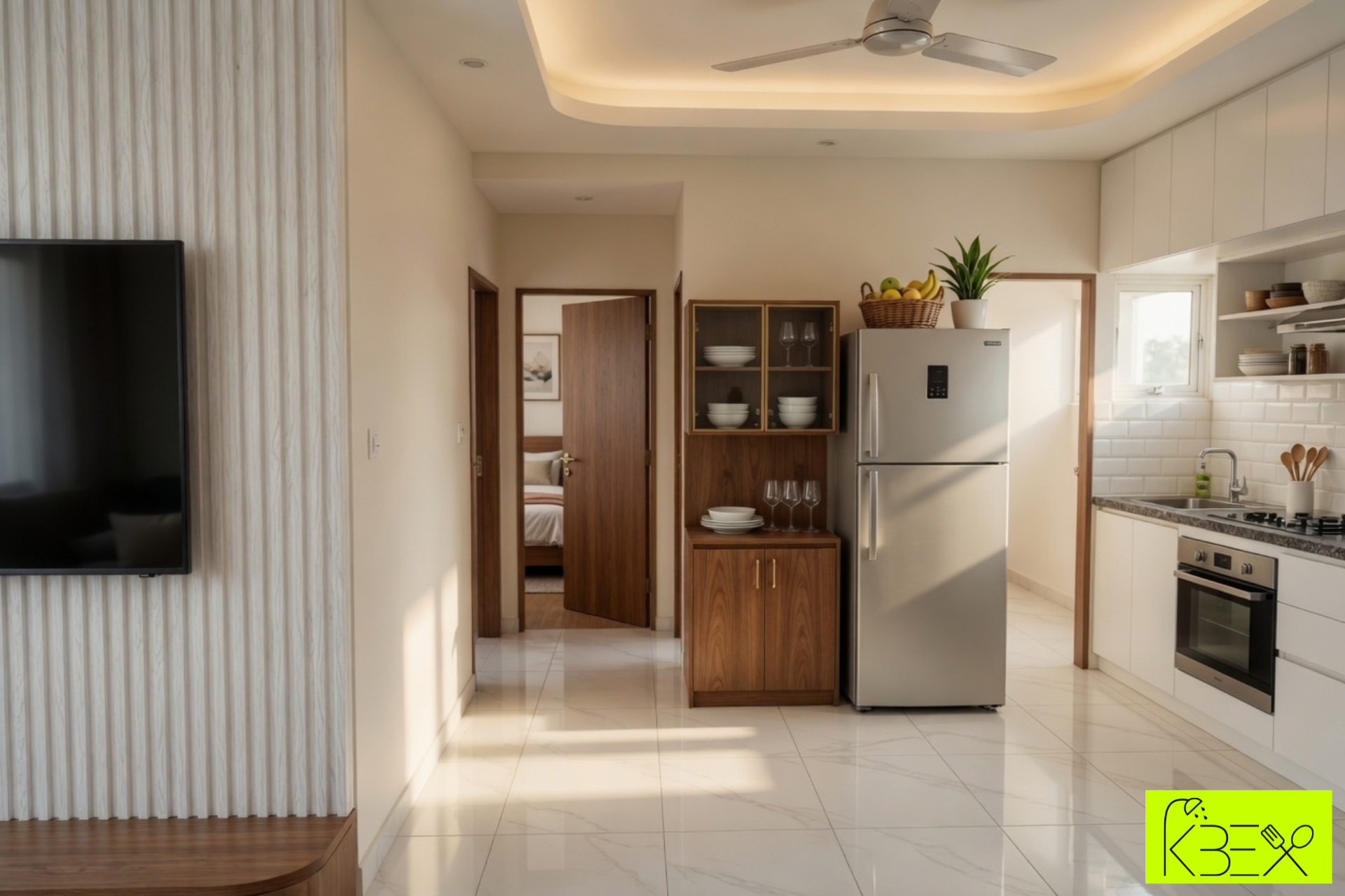 Open kitchen transition natural light warm wood tones interior KBEX Ahmedabad