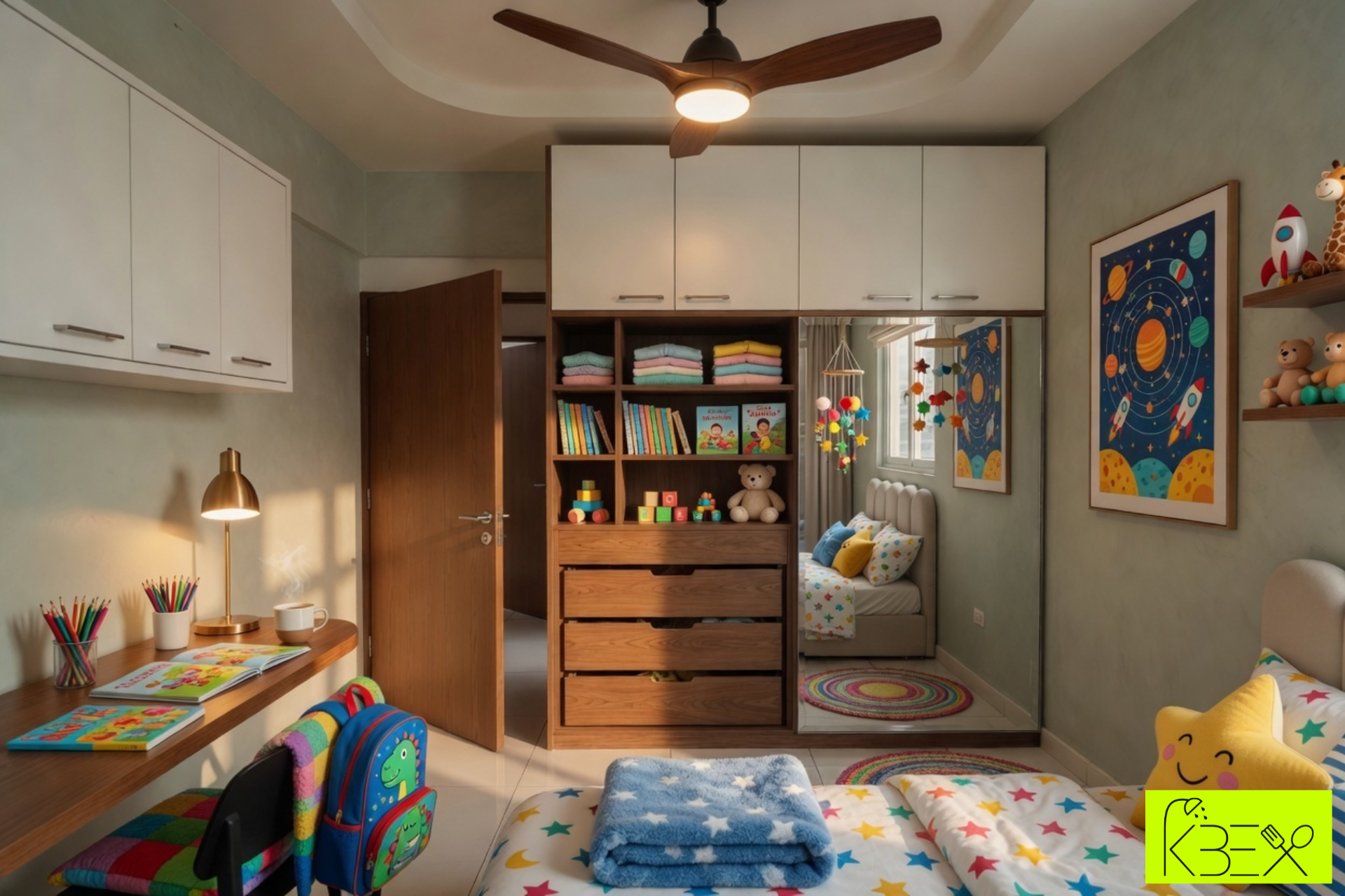 Playful children's bedroom study storage integration interior design KBEX