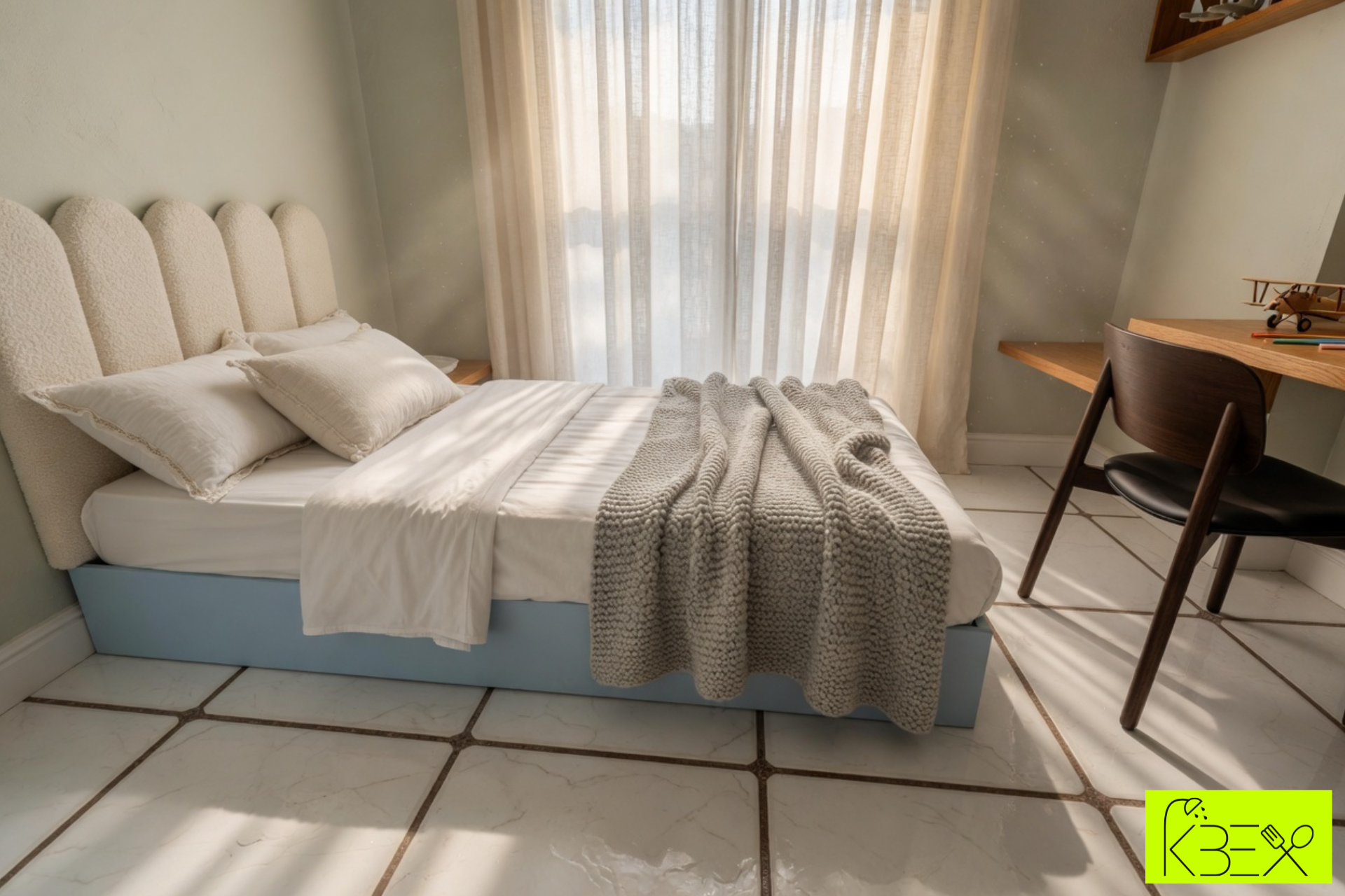 Minimal bedroom soft textures natural daylight interior design KBEX