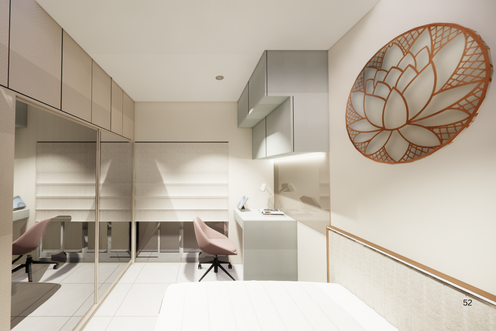 Bedroom detail with decorative wall art and neutral palette KBEX